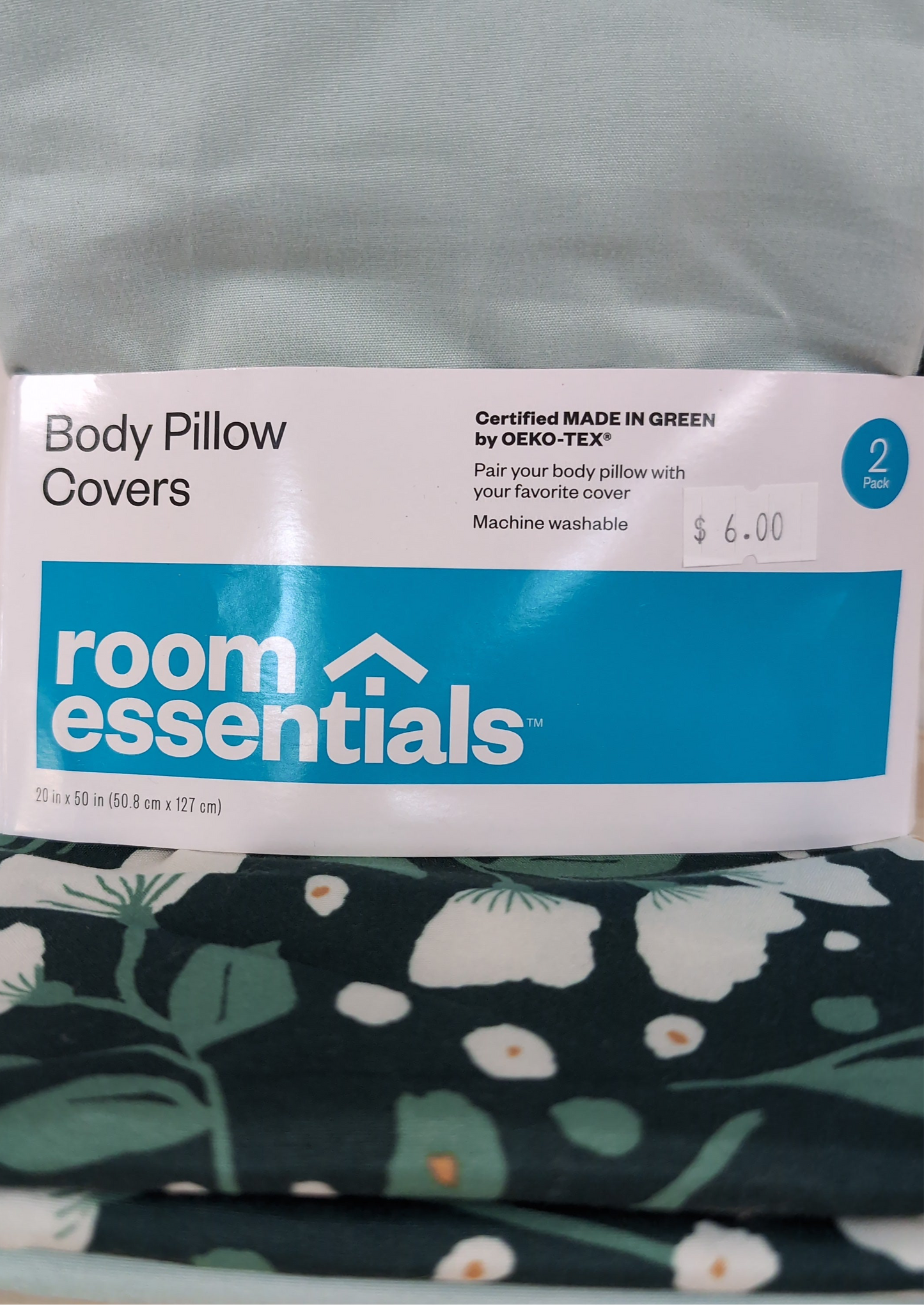 2pk Body Pillow Cover Dark Green Floral/Mint Green - Room Essentials
