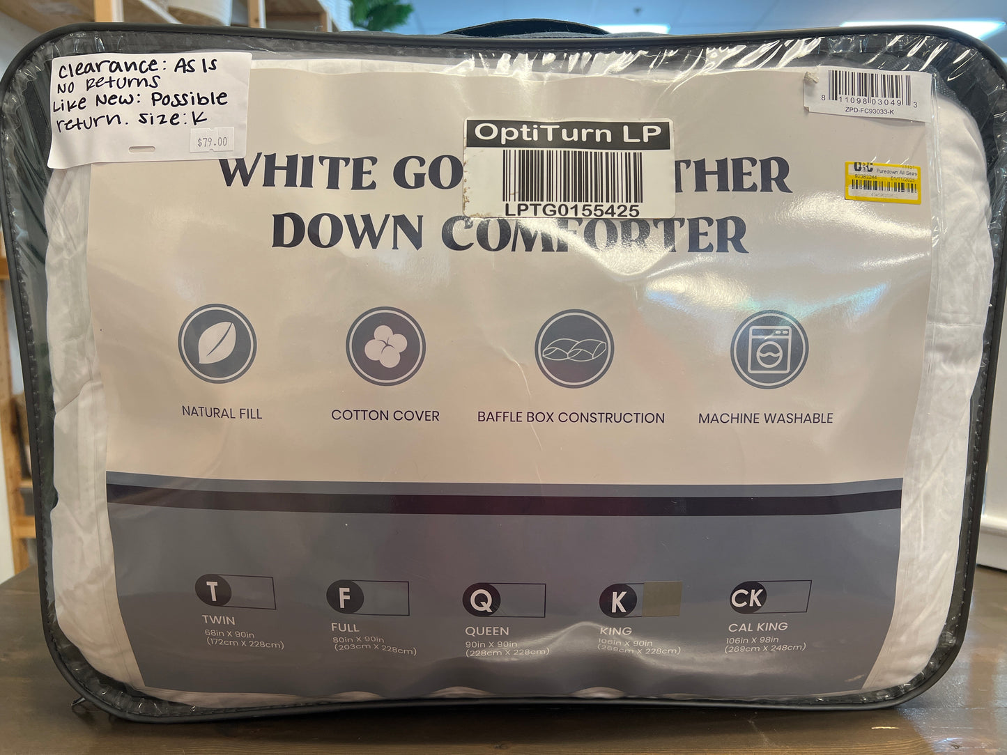 King White Goose Feather Down Comforter As Is