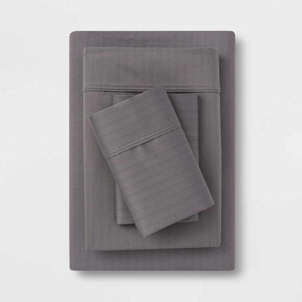 Queen 500 Thread Count Tri-Ease Printed Pattern Sheet Set Gray Herringbone