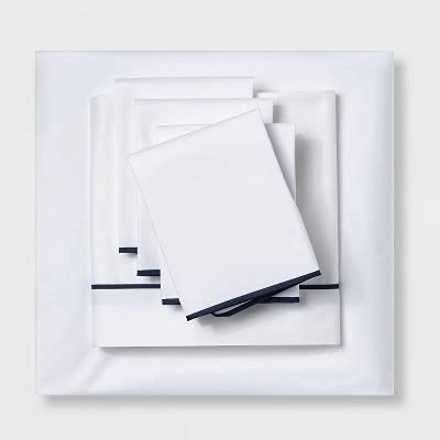 Full Threshold Signature 600 Thread Count Hotel Sheet Set White w/ Indigo Trim