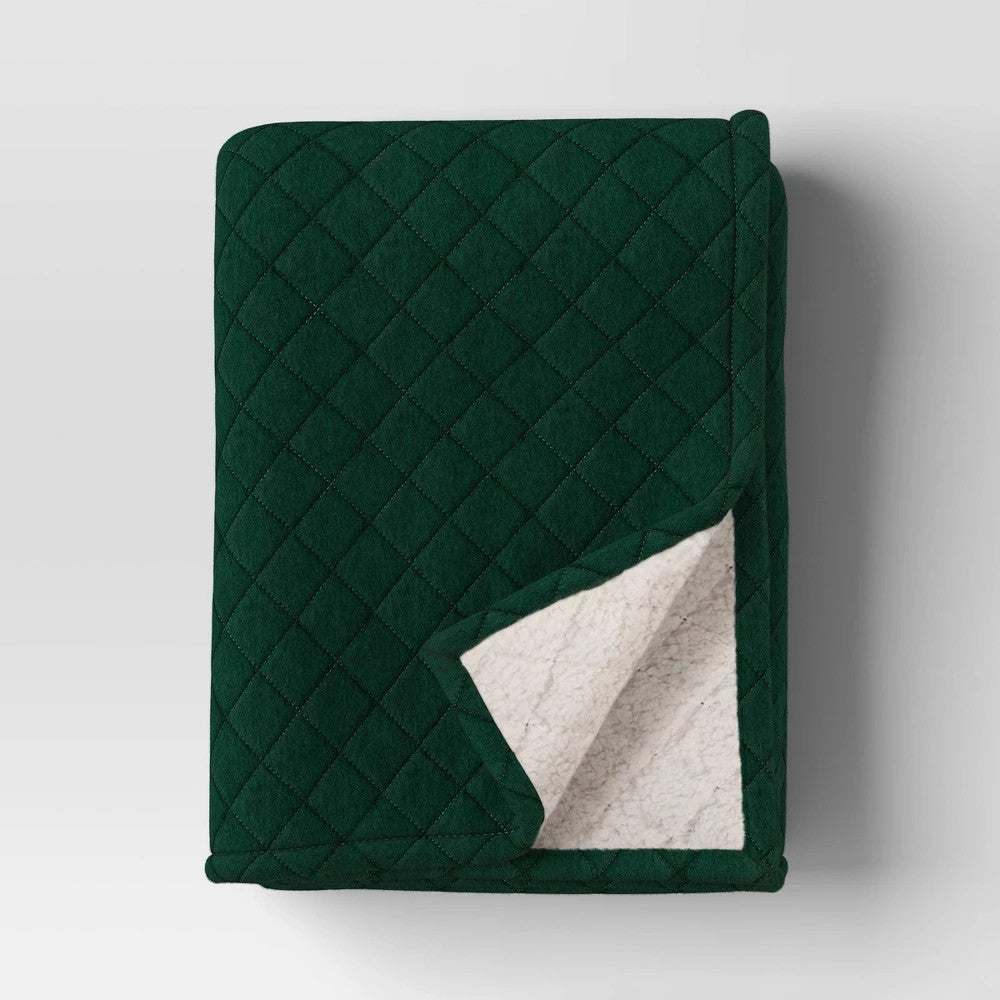 Quilted Jersey Throw Blanket with Faux Shearling Reverse Heathered Green - Room Essentials