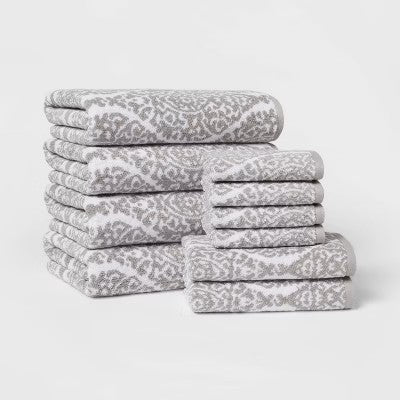 10pk Bath Towel Set Gray / White Ogee - Threshold