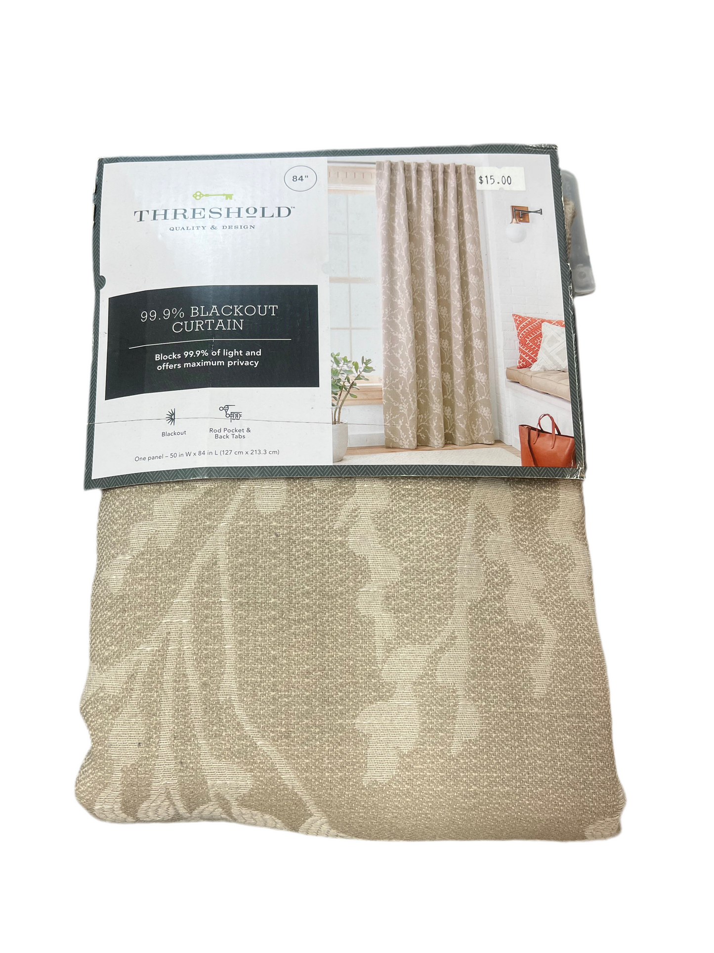 50” x 84” Threshold Tan Patterned Blackout Rod Pocket Curtain Panel - 1 Panel
