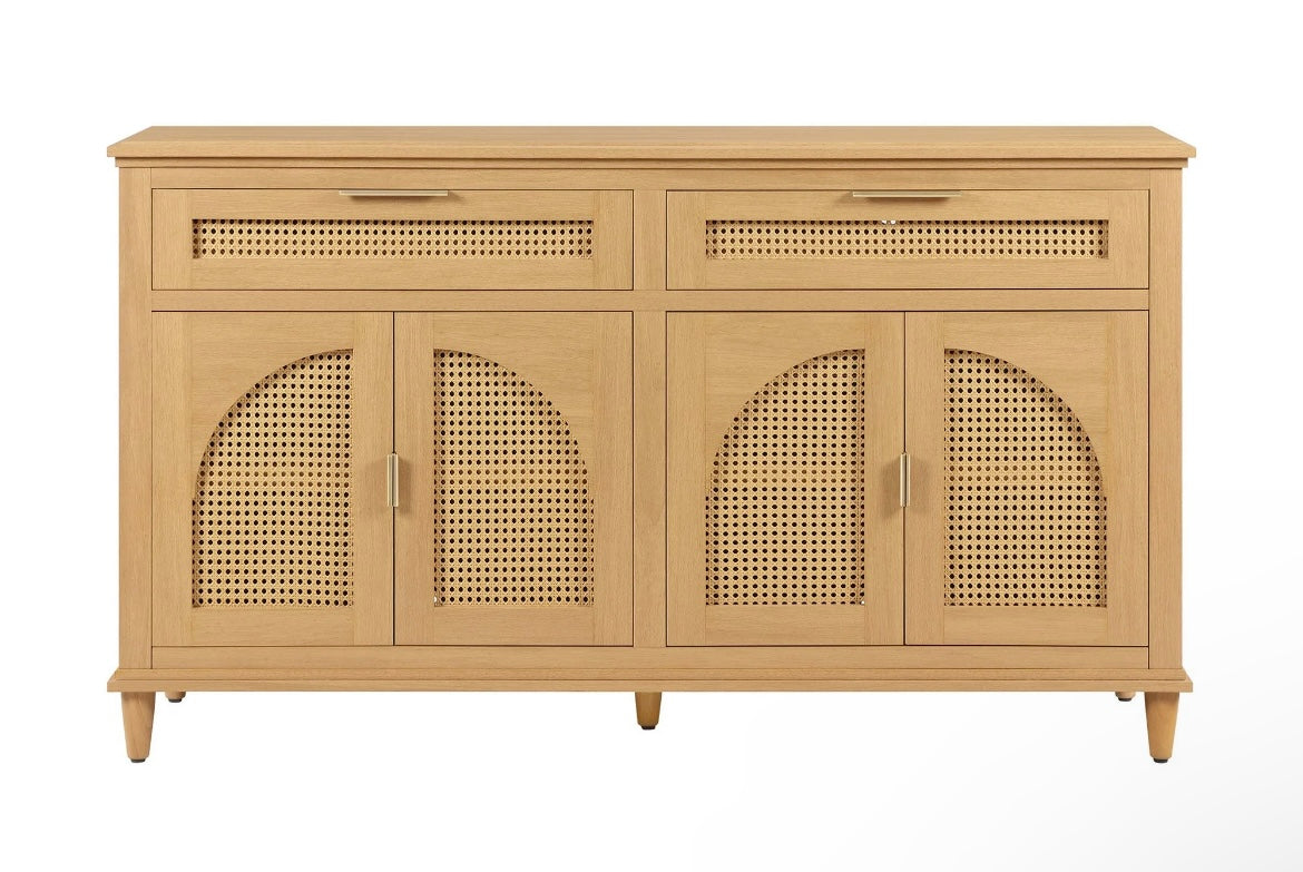 Beautiful Drew Rattan Media Console with Teched Away Drawer by Drew Barrymore, Warm Honey Finish