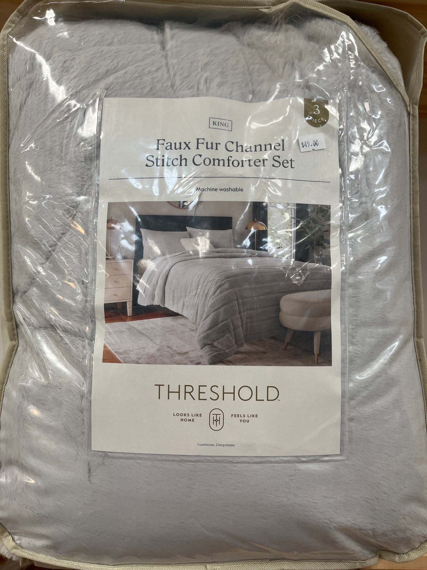 Threshold 3pc Luxe Faux Fur Comforter and Sham Set - King Light Gray