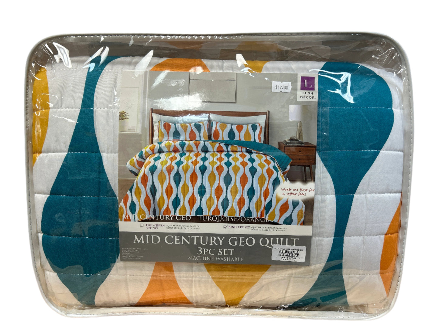 3pc King Mid Century Geo Quilt Set Turquoise/Orange - Lush Décor
