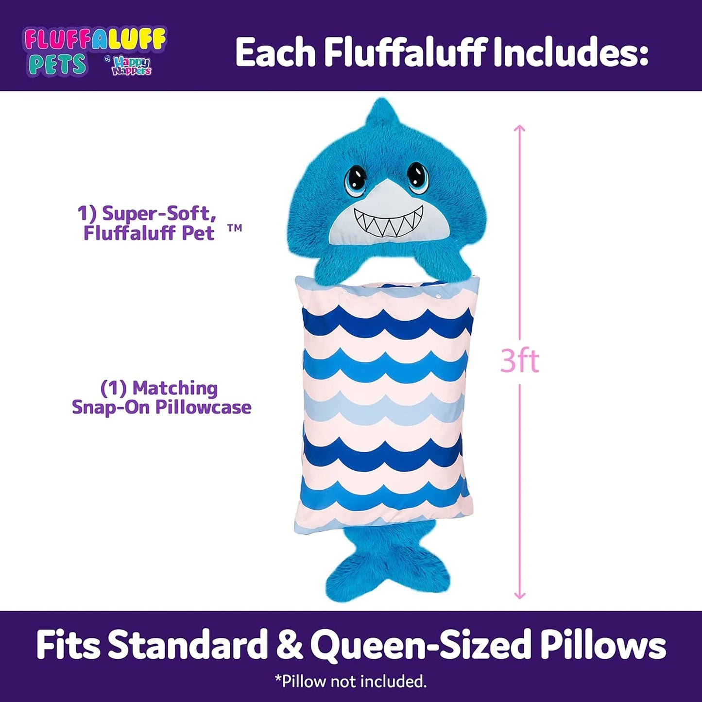 Happy Nappers: FluffALuff Pet - Shark - 2-In-1: Plush Character & Snap-On Pillowcase