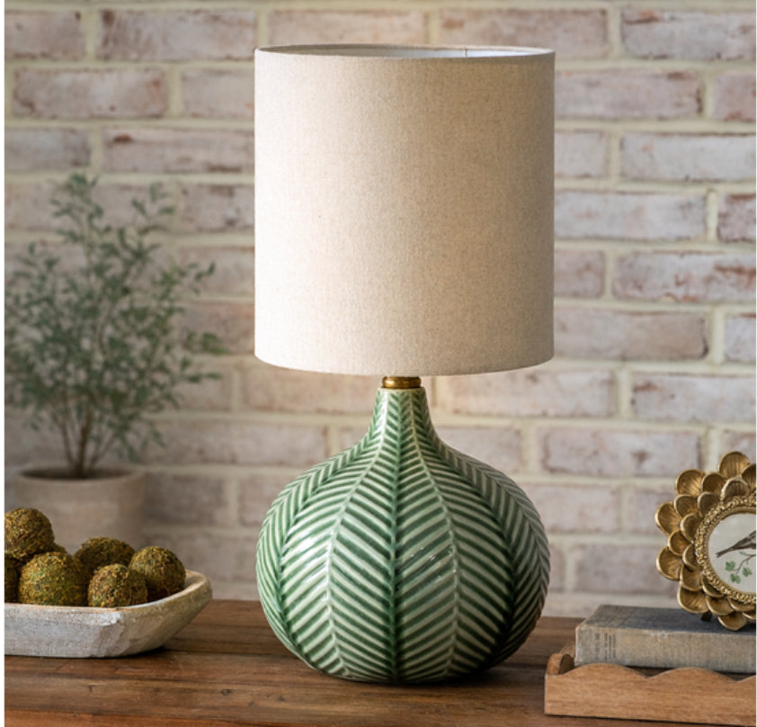 15.5" Green Leaf Pattern Ceramic Table Lamp