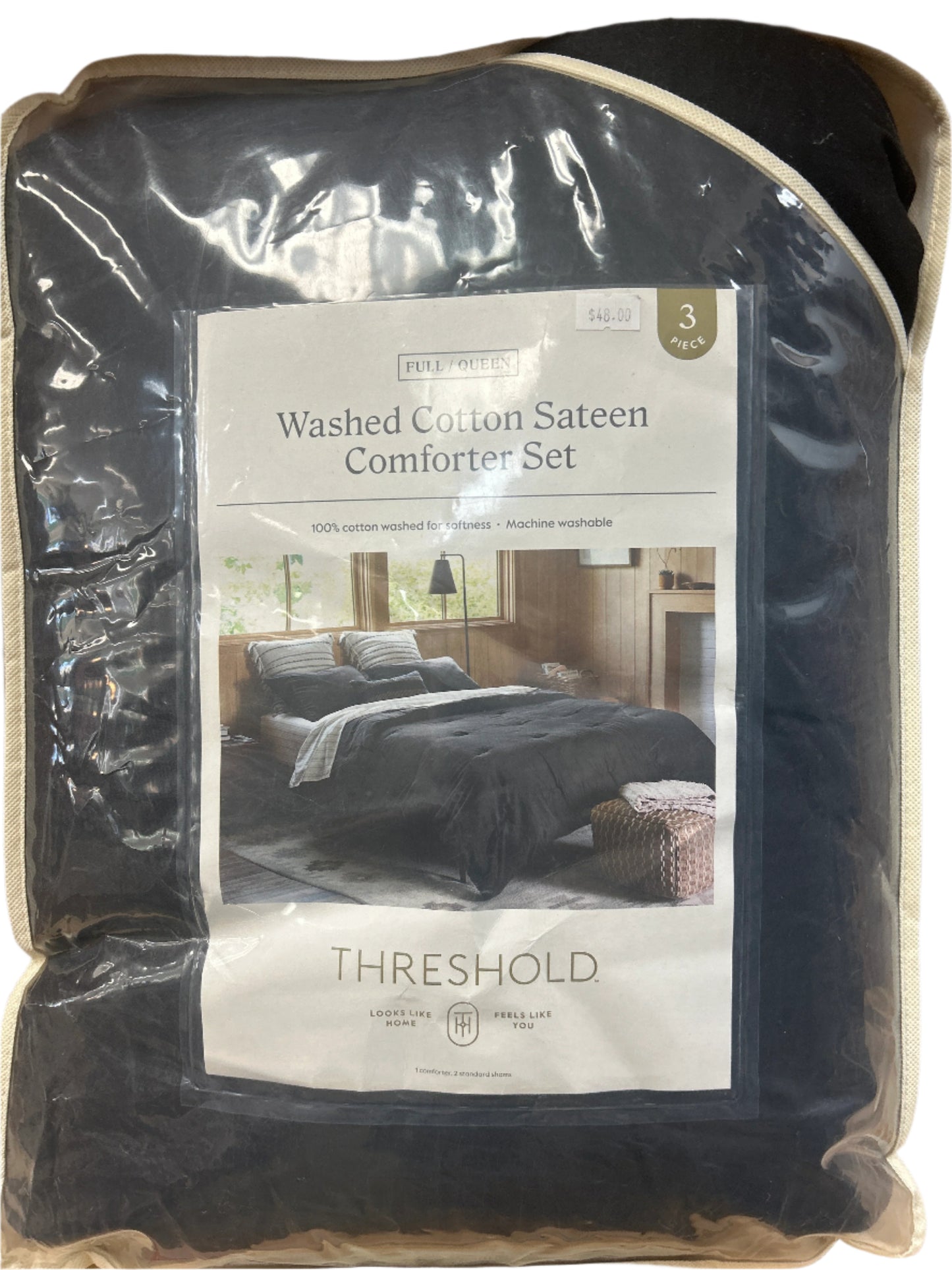 Full/Queen Washed Cotton Sateen Comforter and Sham Set Black - Threshold
