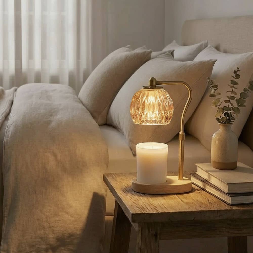 Candle Warmer Lamp - Crystal Glass & Wood Base - Gold