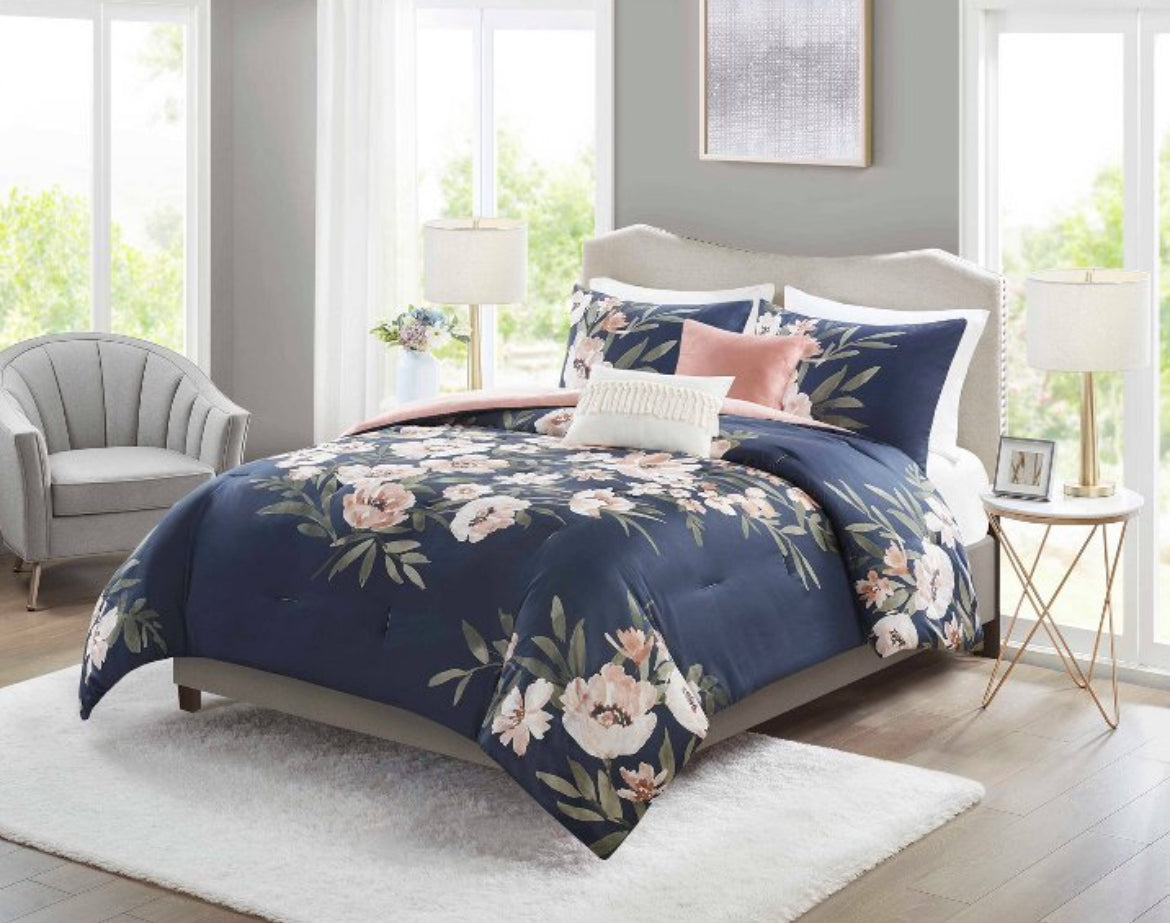 5pc Full/Queen Leilani Floral Print Comforter Bedding Set - Navy/Blush