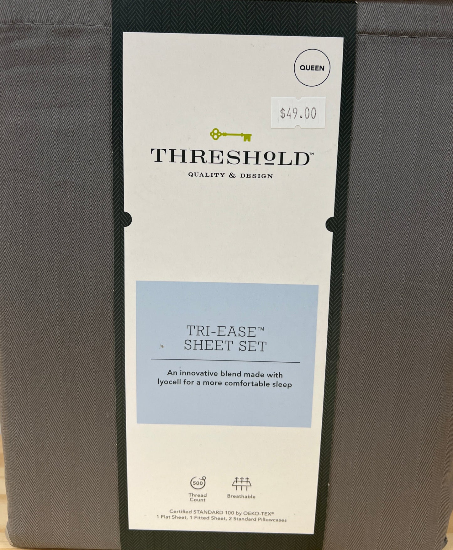 Queen 500 Thread Count Tri-Ease Printed Pattern Sheet Set Gray Herringbone