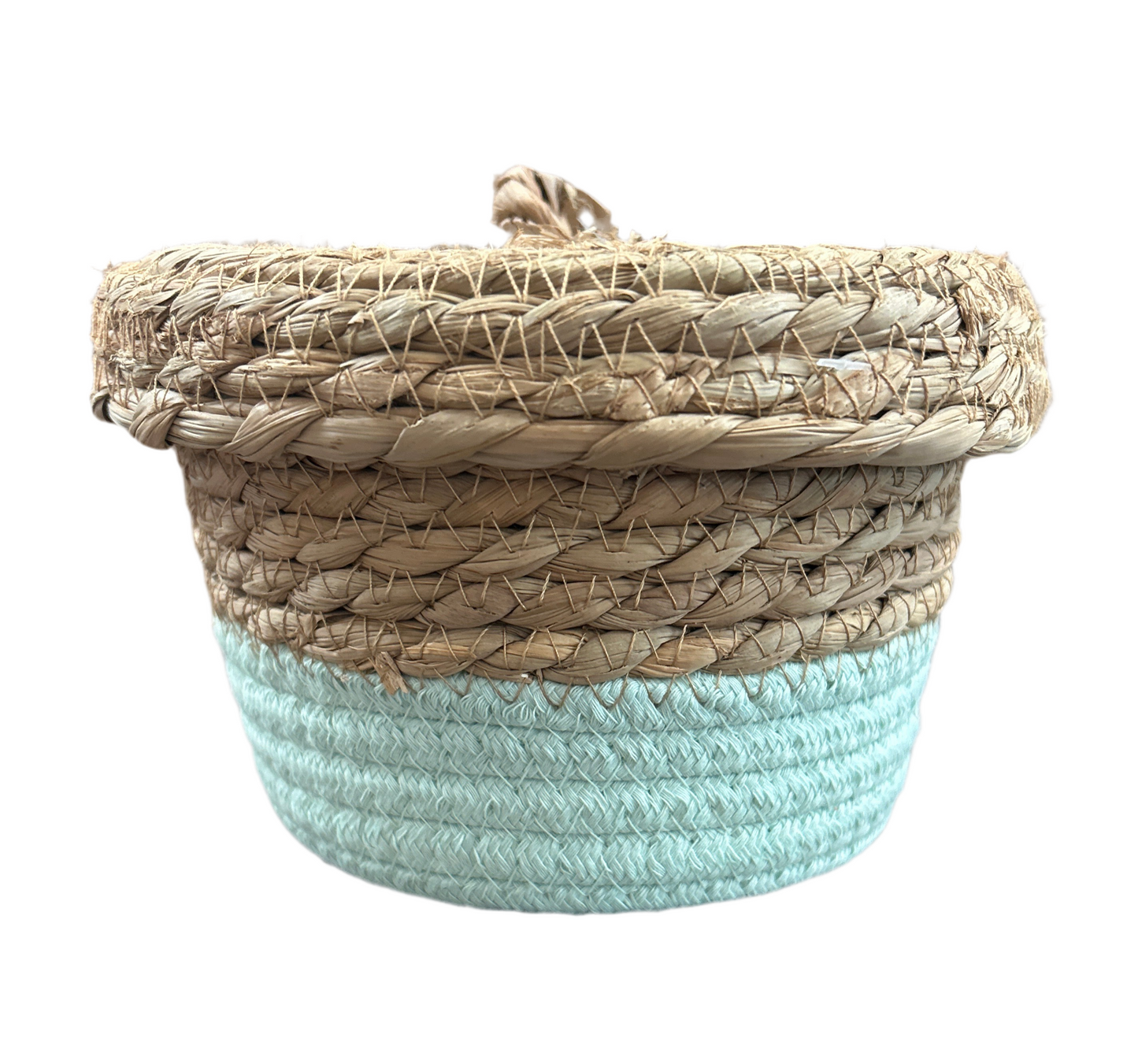 Rope and Straw Storage Basket with Lid - Light Green