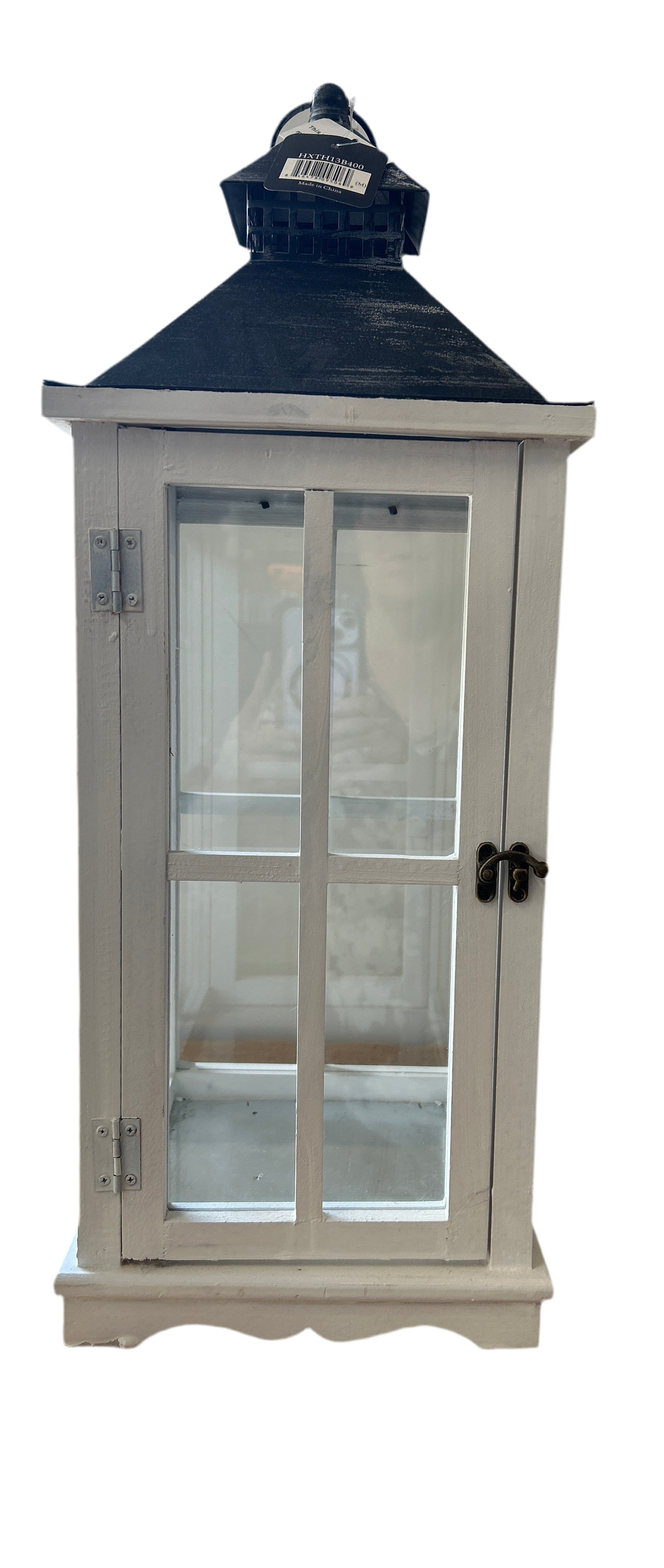 Medium White Wood Lantern with Metal Top