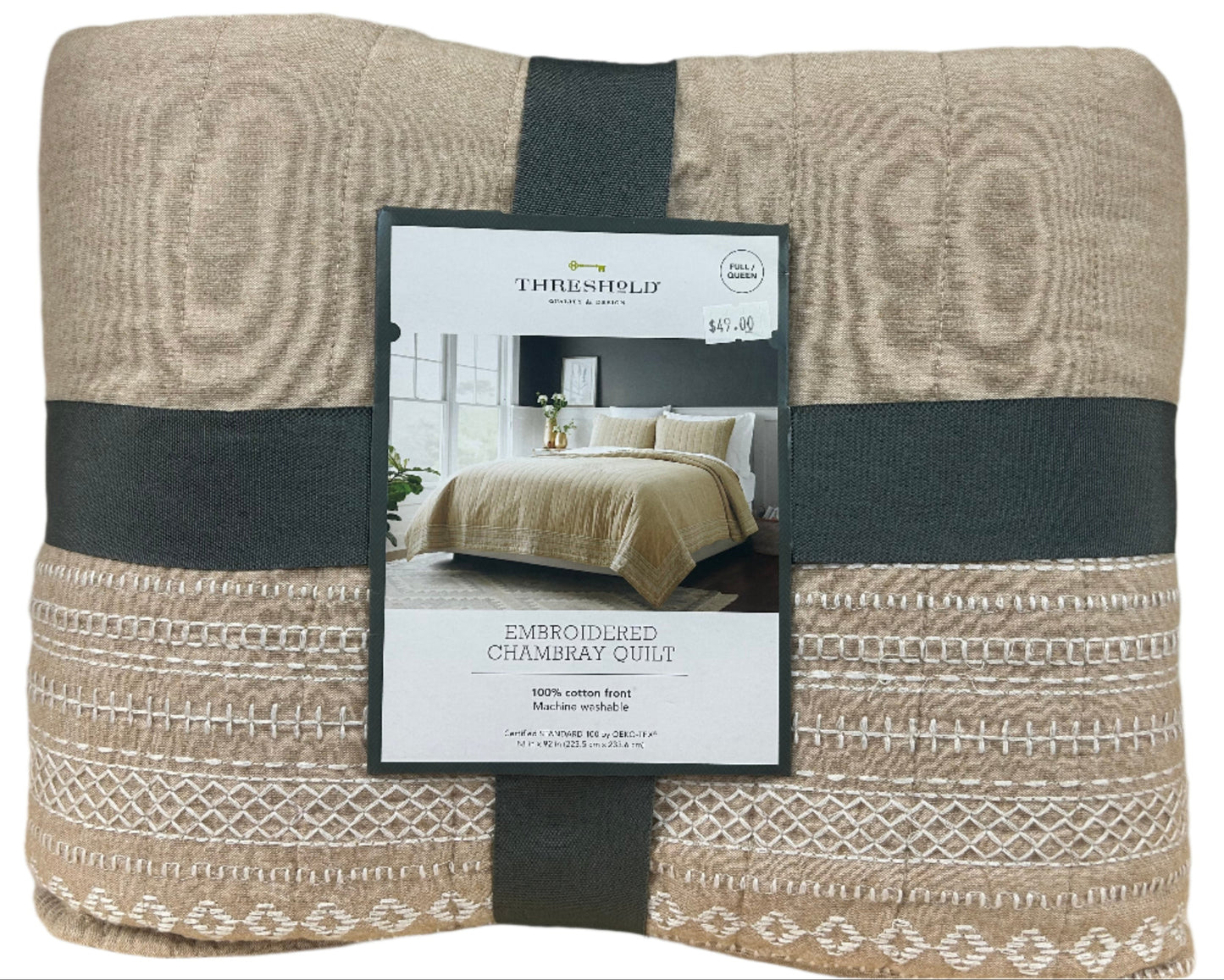 Full/Queen Embroidered Chambray Quilt Tan - Threshold