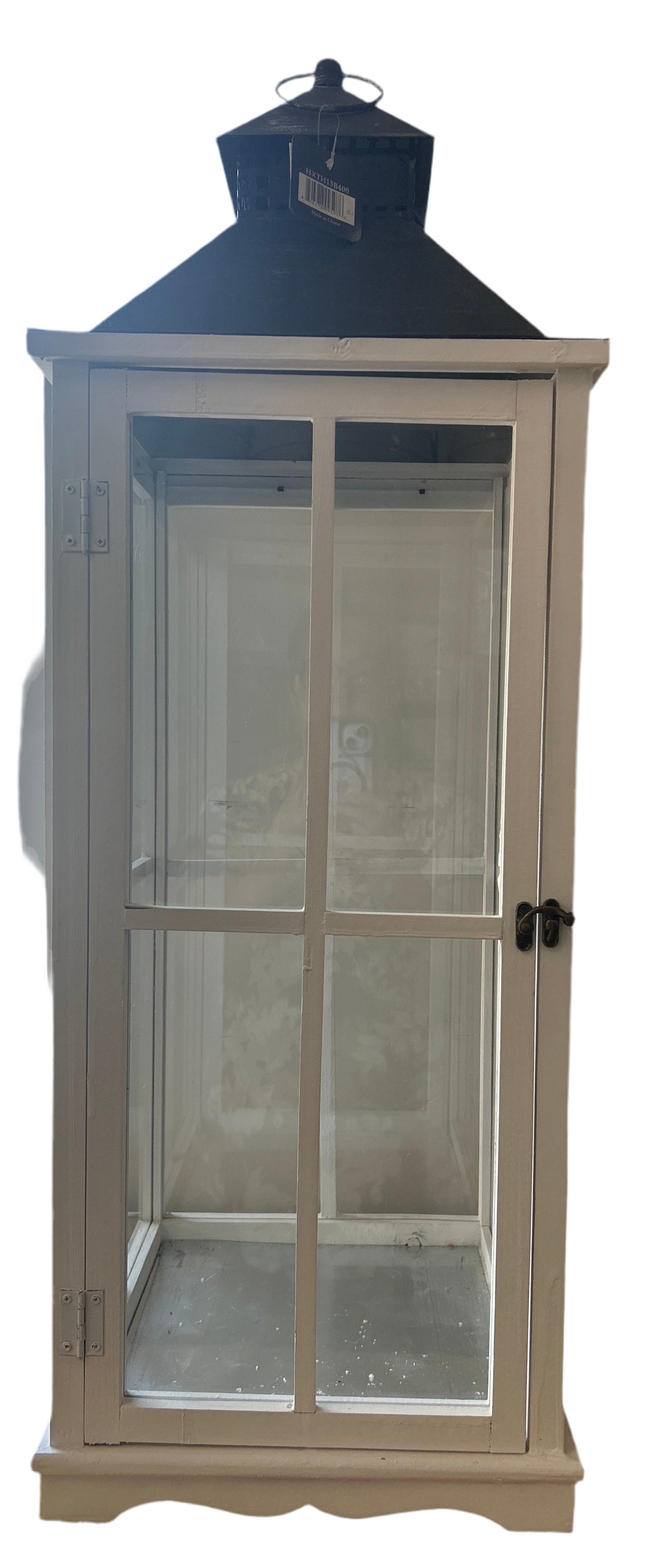 Large White Wood Windowpane Lantern w/Metal Top