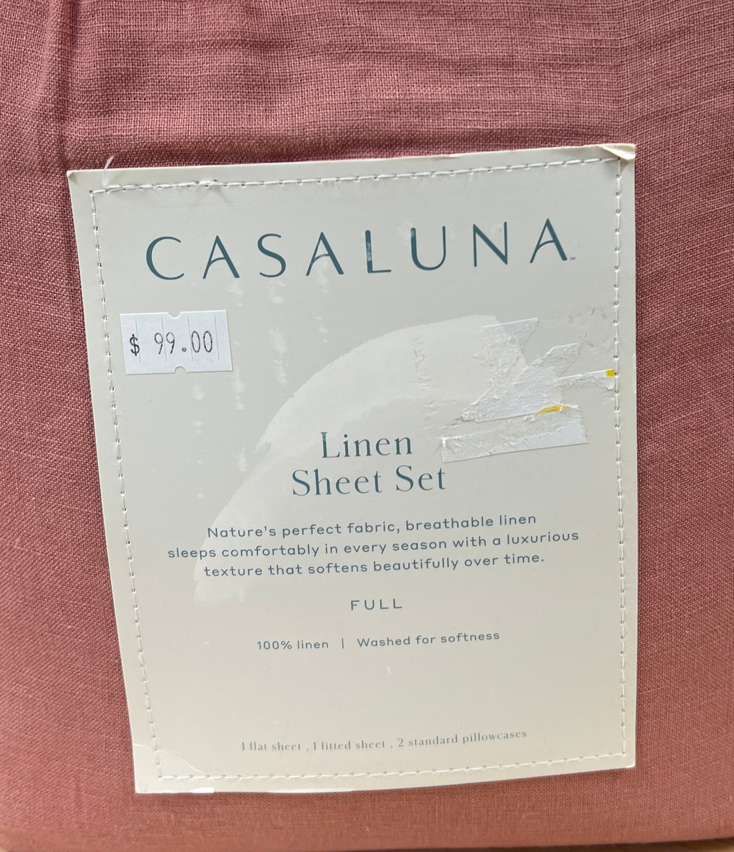 Full 100% Washed Linen Solid Sheet Set Rose - Casaluna