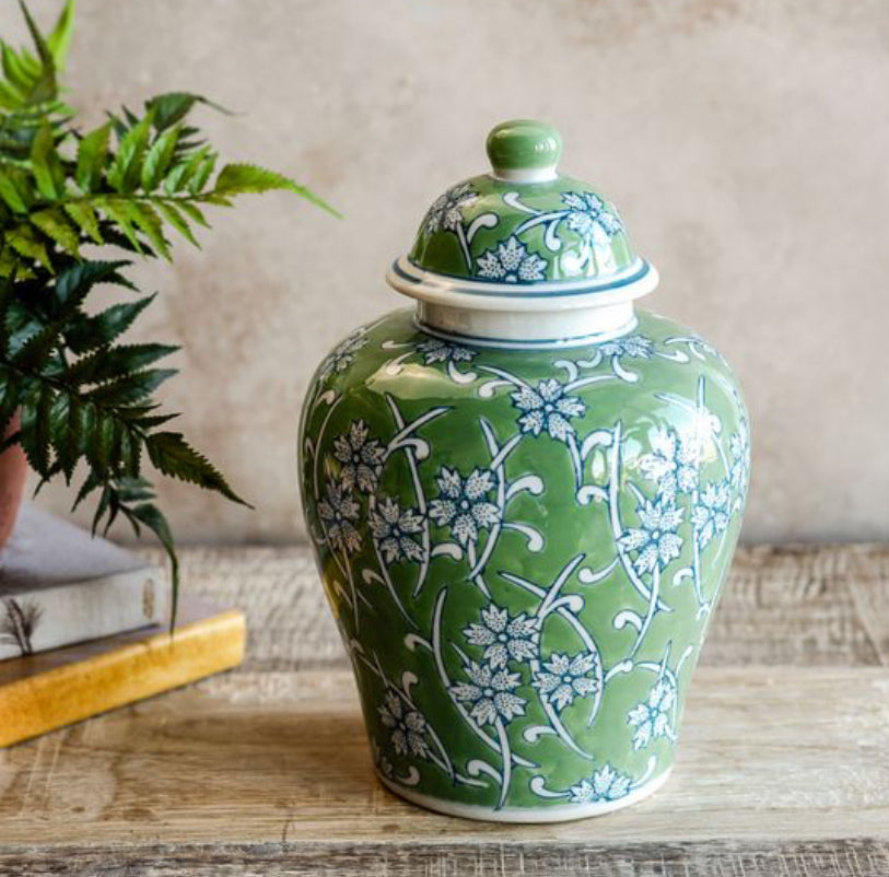 10.25" Green/Blue Floral Ginger Jar