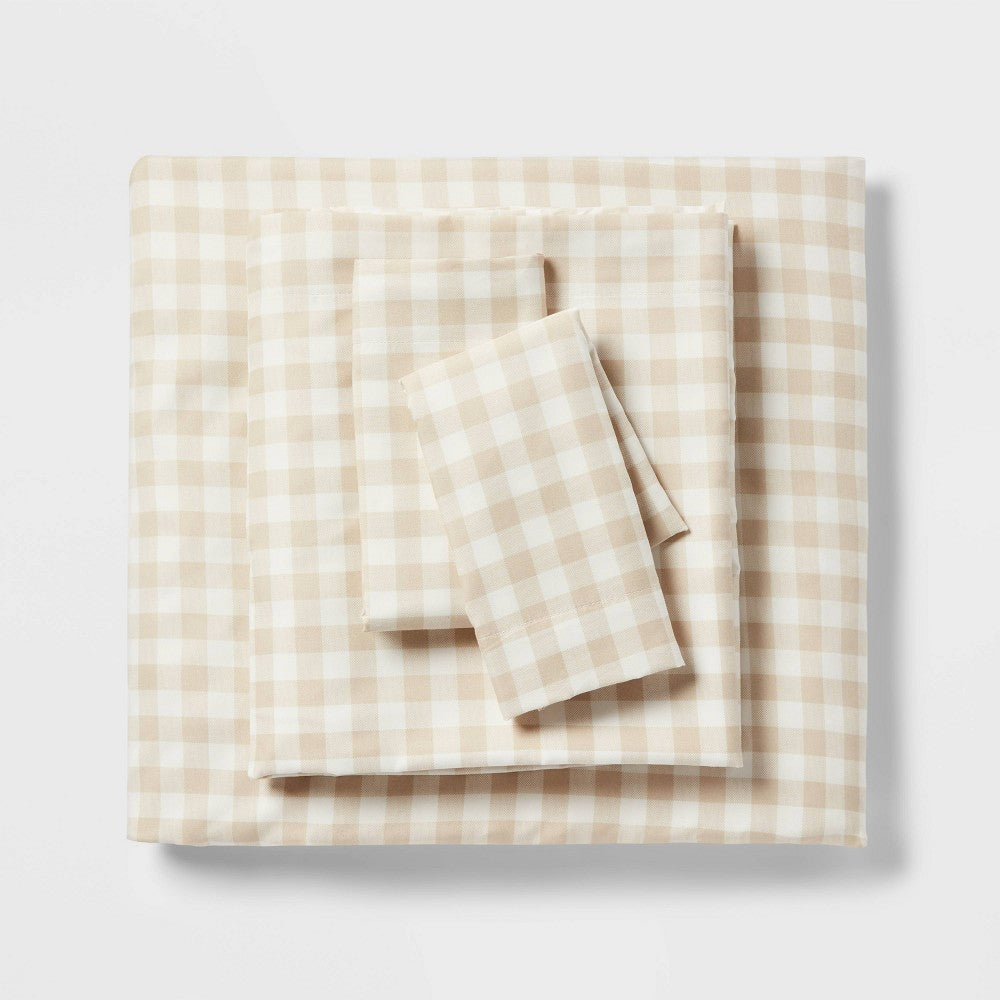 Queen Microfiber Sheet Set Khaki Gingham - Room Essentials