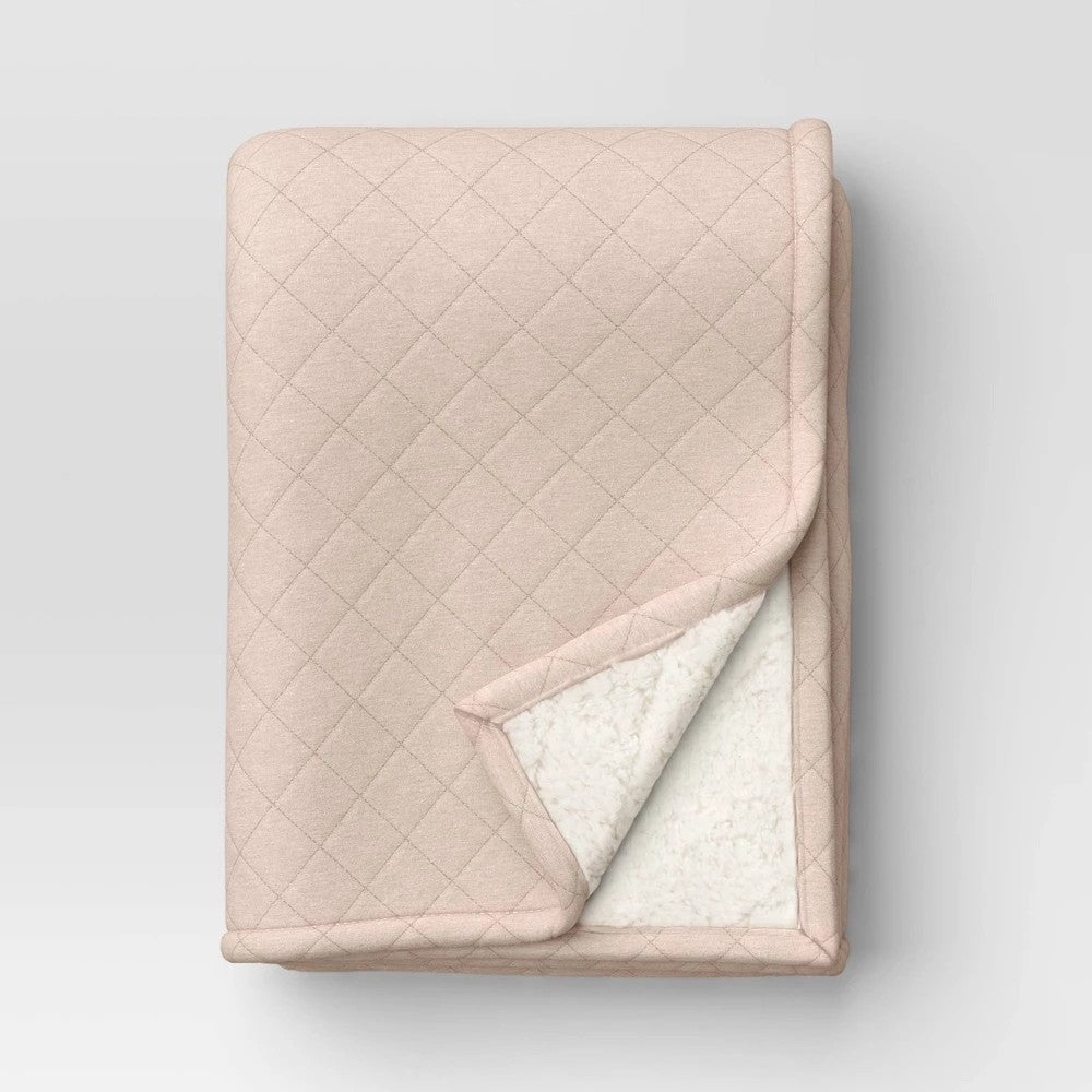 Quilted Jersey Throw Blanket with Faux Shearling Reverse Heathered Pink - Room Essentials™