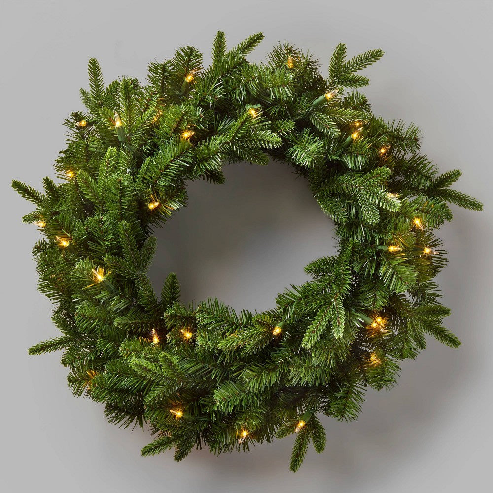 22” Prelit Artificial Pine Wreath Natural Clear Lights - Wondershop