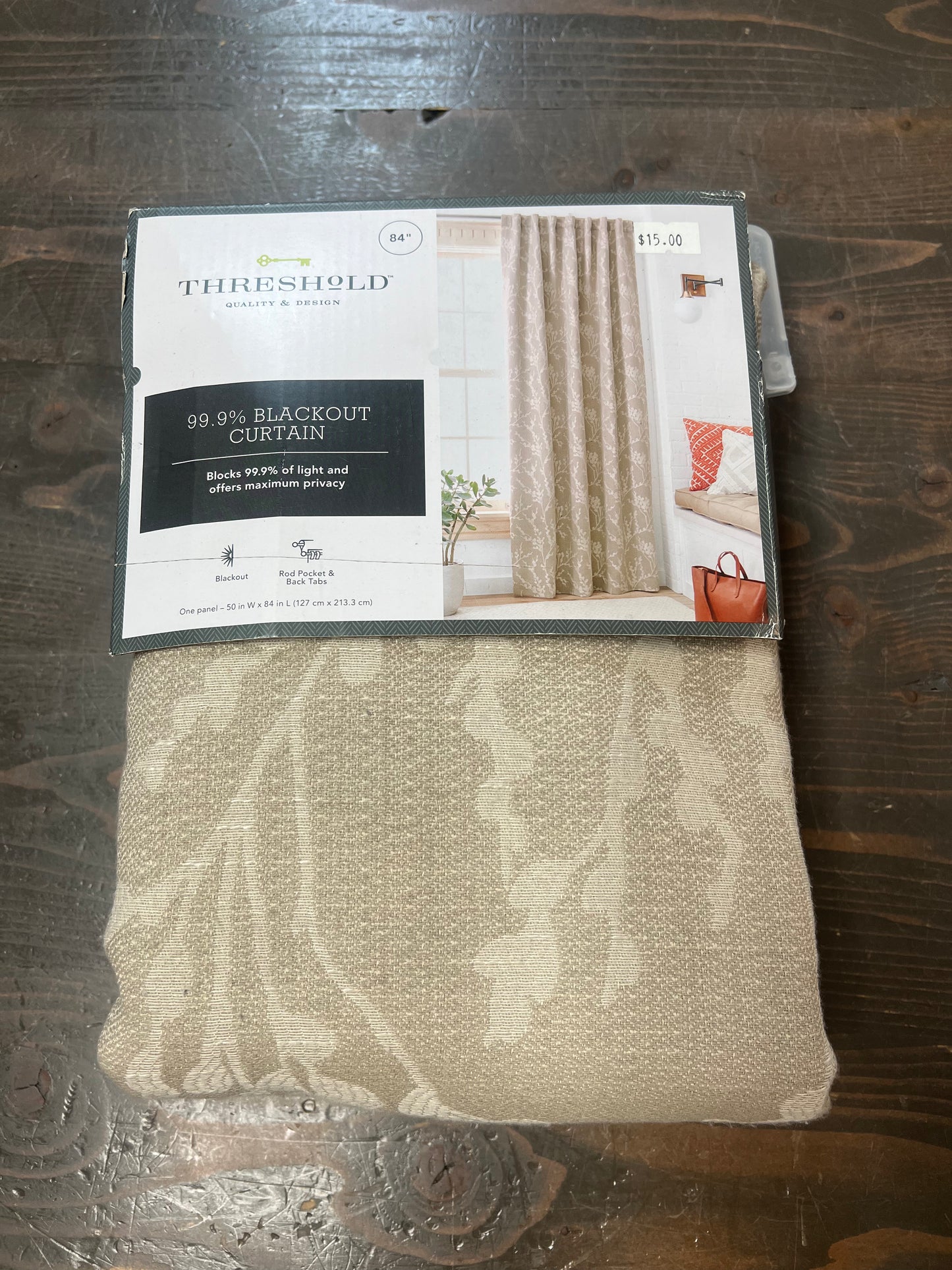 50” x 84” Threshold Tan Patterned Blackout Rod Pocket Curtain Panel - 1 Panel