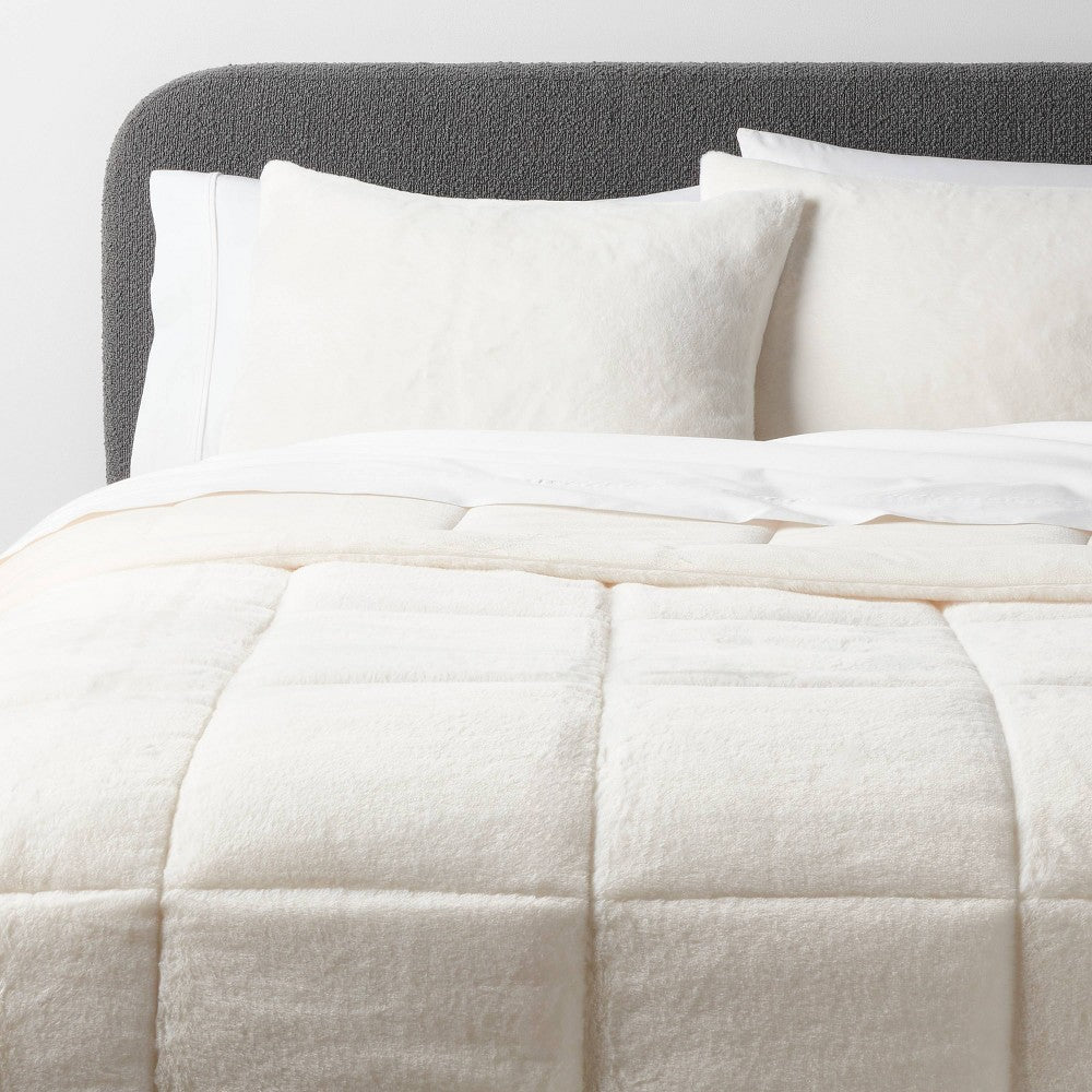 As Is Full/Queen Box Stitch Faux Fur Comforter Ivory - Threshold
