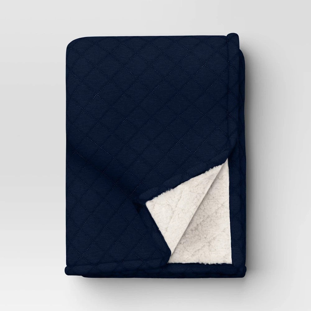 Quilted Jersey Throw Blanket with Faux Shearling Reverse Heathered Navy - Room Essentials™