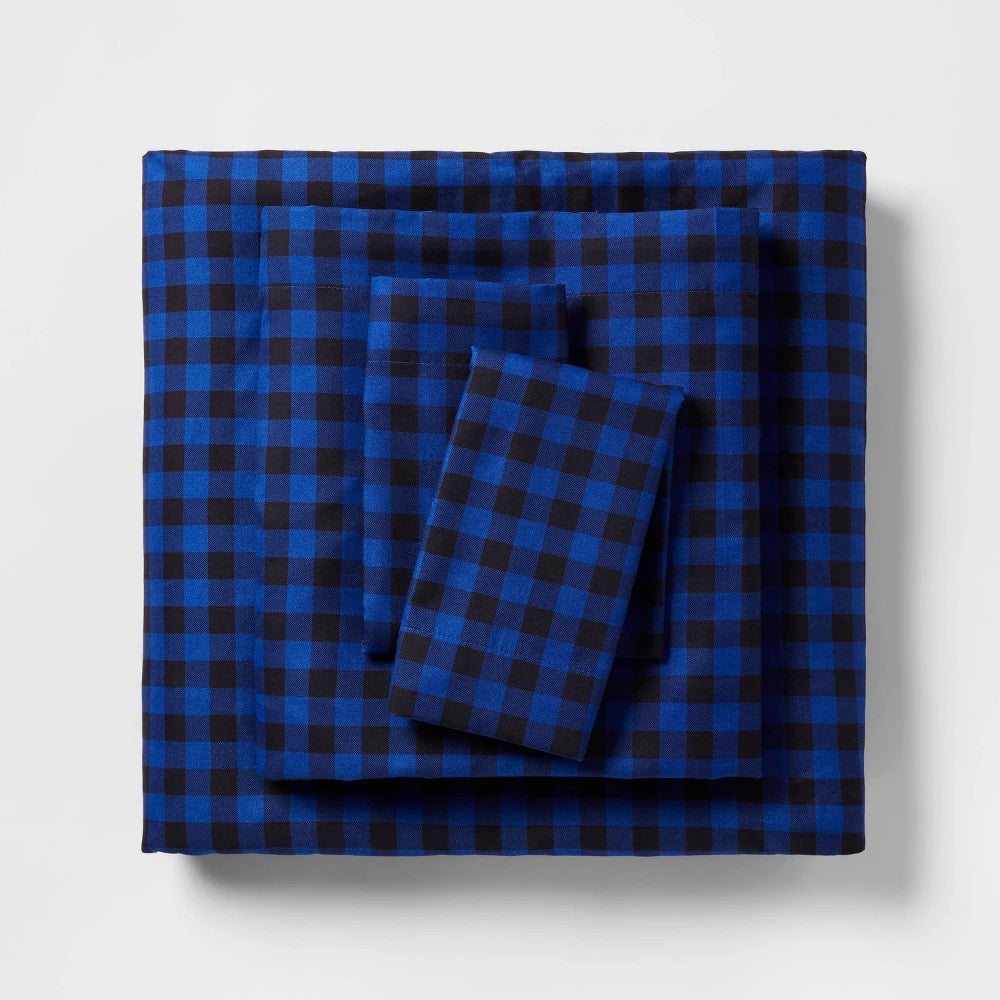Twin/Twin Extra Long Microfiber Sheet Set Blue/Black Gingham - Room Essentials™
