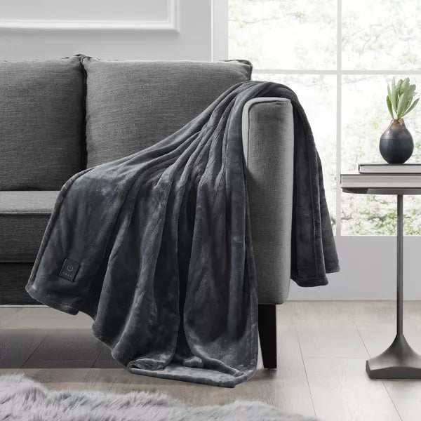 Brookstone Heated Cozy Throw Gray Plush