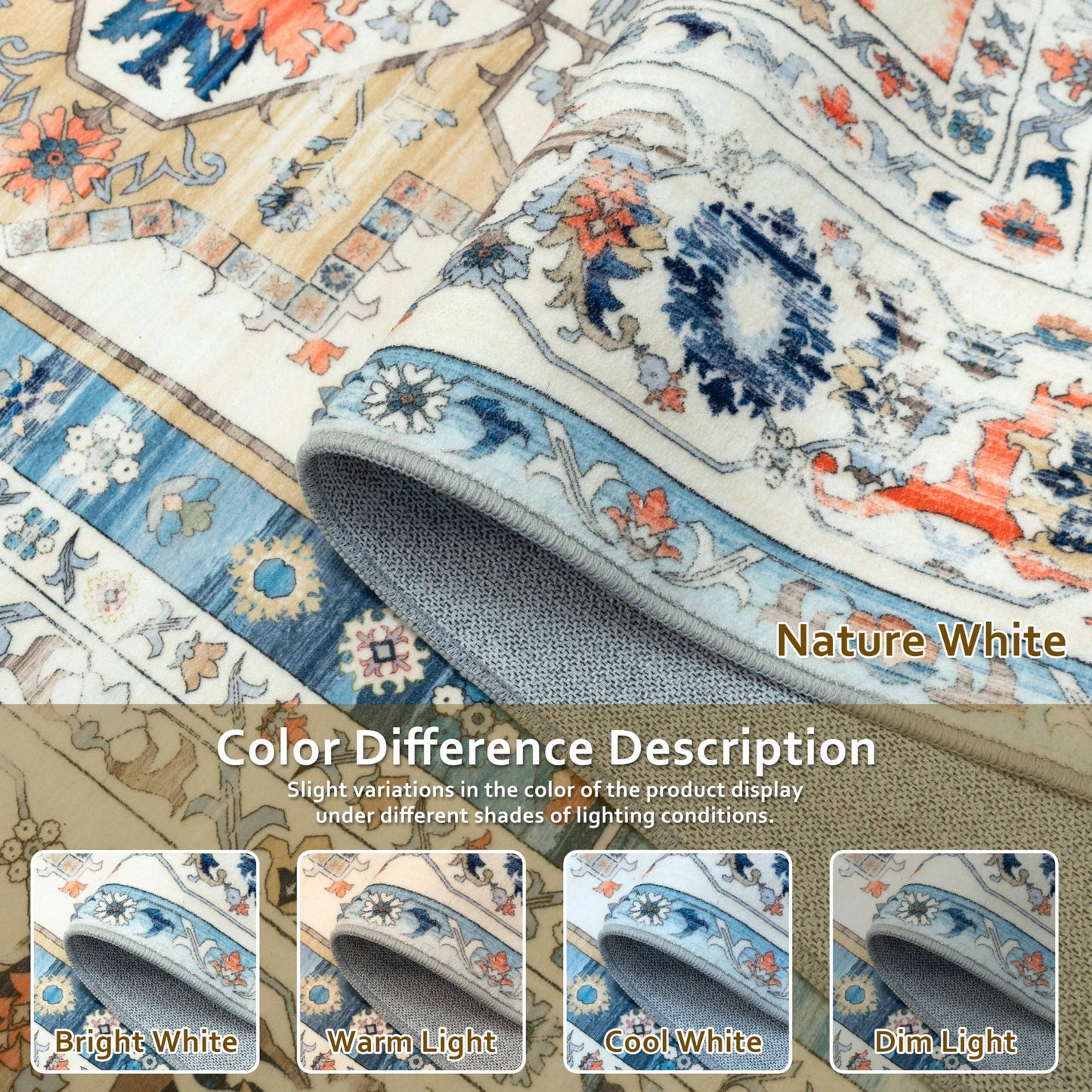 Area Rug Washable Non Slip Rubber Backing Boho Foldable Rugs: Blue/Orange / 8’x10’