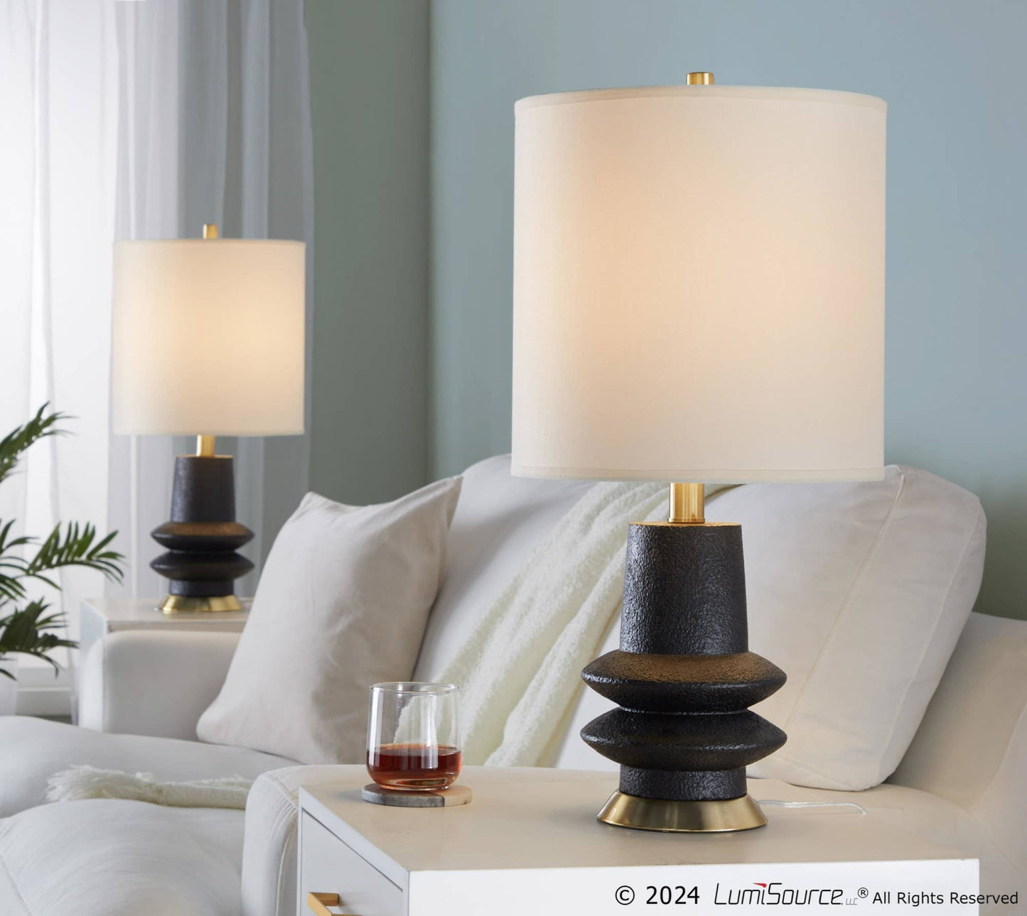 Lloyd 26" Polyresin Table Lamp: Sanded Matte Black Polyresin, Modern Brass, White Linen