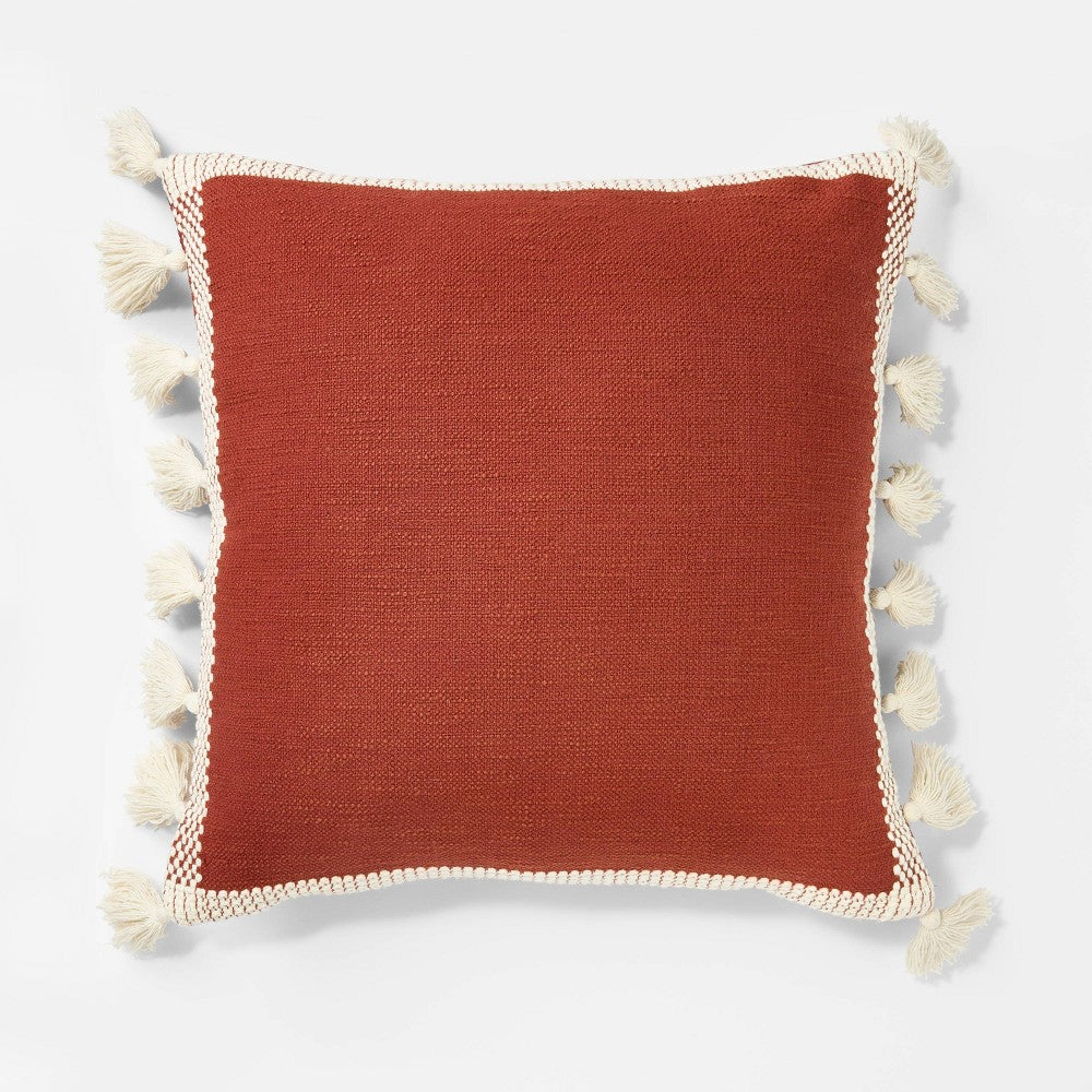 Woven Frame Square Throw Pillow with Side Tassels