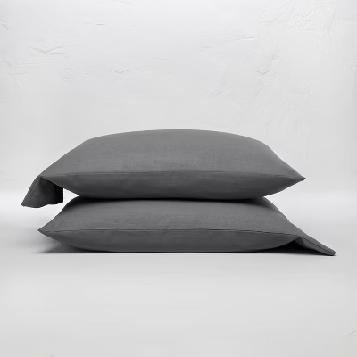 Standard 100% Washed Linen Solid Pillowcase Set Dark Gray - Casaluna