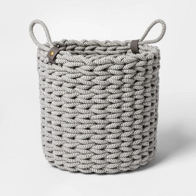 Small Coiled Rope Fishtail Weave Basket with Faux Leather Accent Gray - Project 62™