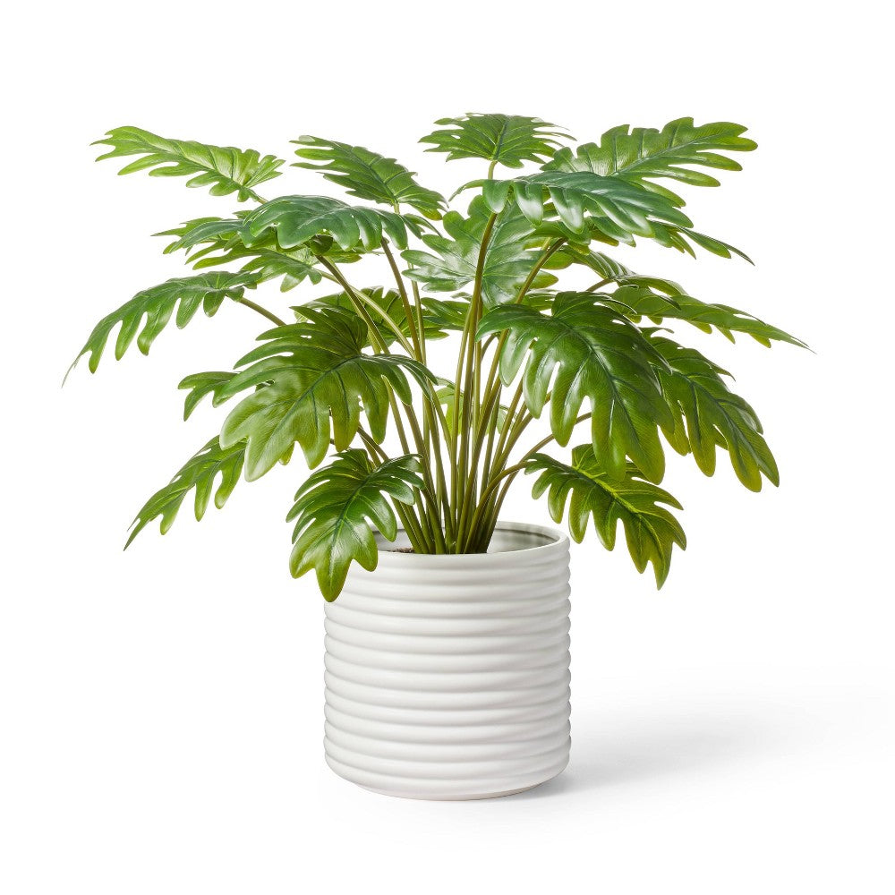 philodendron ceramic pot Faux Philodendron Selloum Plant Ribbed Ceramic Pot White