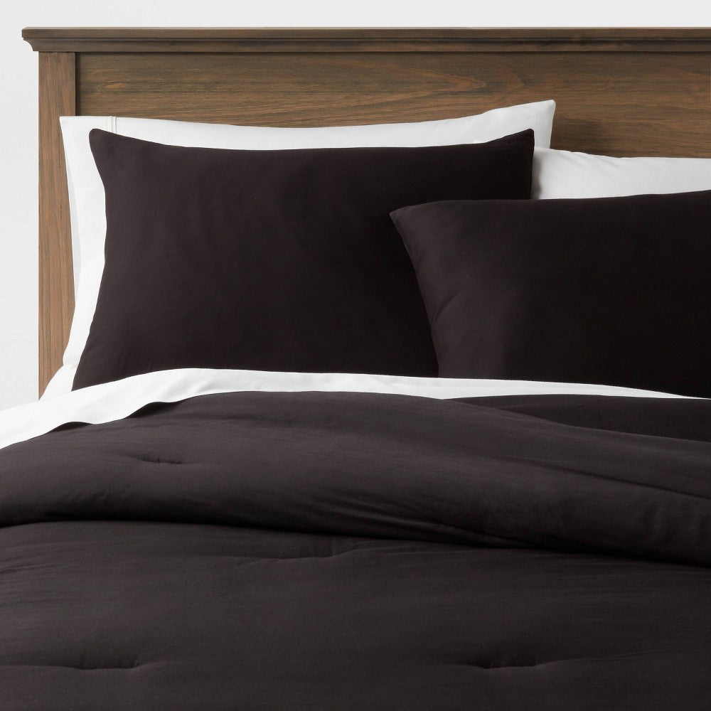Full/Queen Washed Cotton Sateen Comforter and Sham Set Black - Threshold