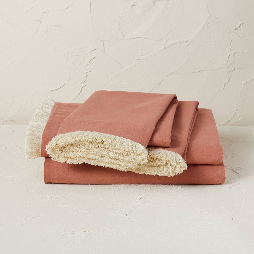 Twin/Twin XL Fringe Cotton Percale Sheet Set Coral - Opalhouse