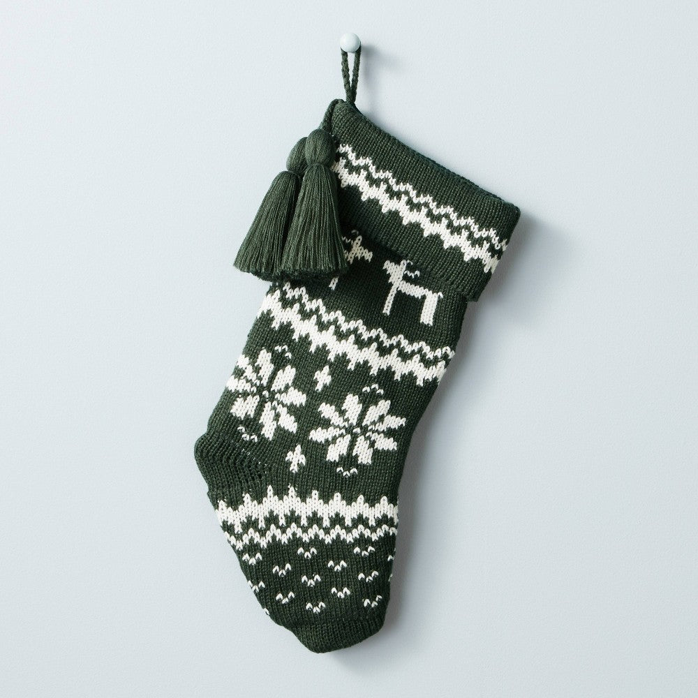 Hearth & Hand with Magnolia Reindeer & Snowflake Knit Tassels Stocking Dark Green/Cream