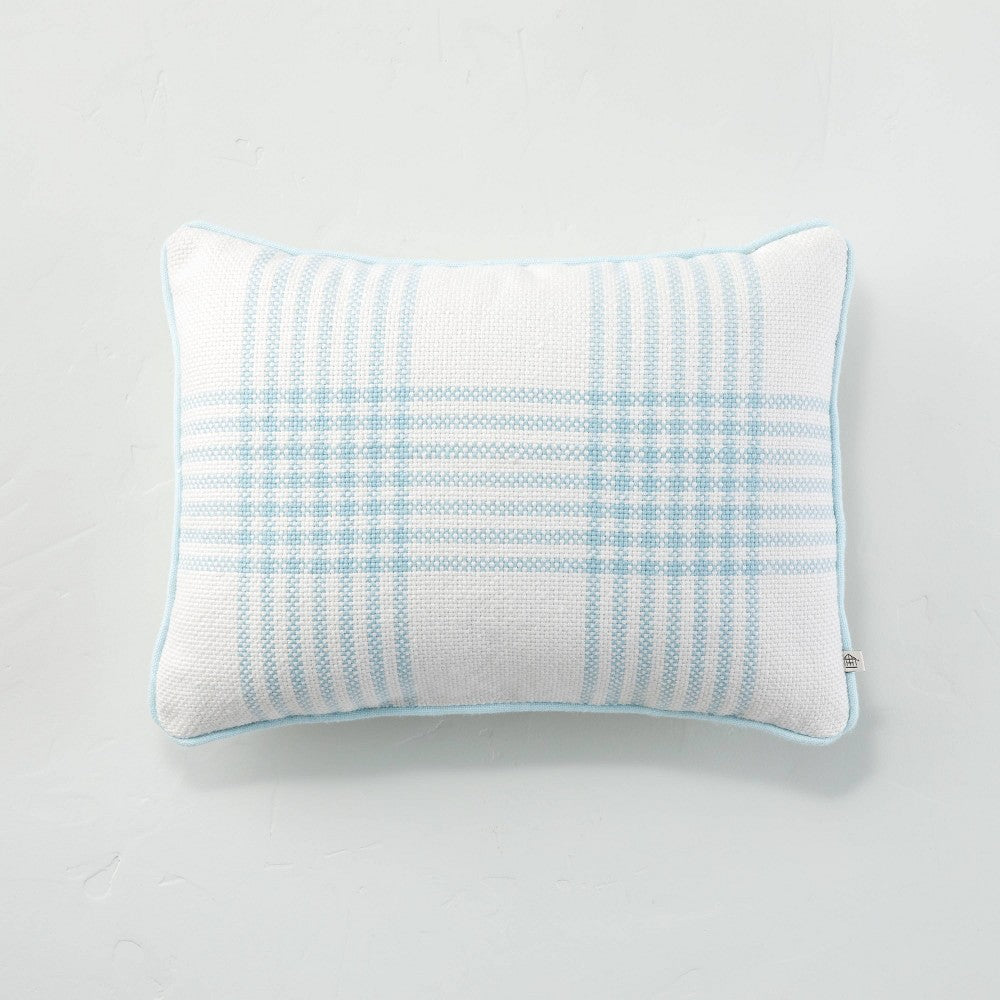 Plaid Indoor/Outdoor Lumbar 14"x20" Throw Pillow Blue /Cream - Hearth & Hand
