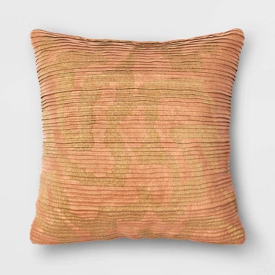 Geometric Patterned Pleated Satin with Metallic Embroidery Square Throw Pillow Beige