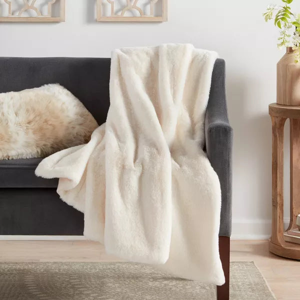 Faux Rabbit Fur Reversible Throw Blanket Cream - Threshold