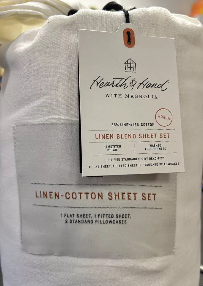 Queen Linen Blend with Hem Stitch Sheet Set Cream - Hearth & Hand