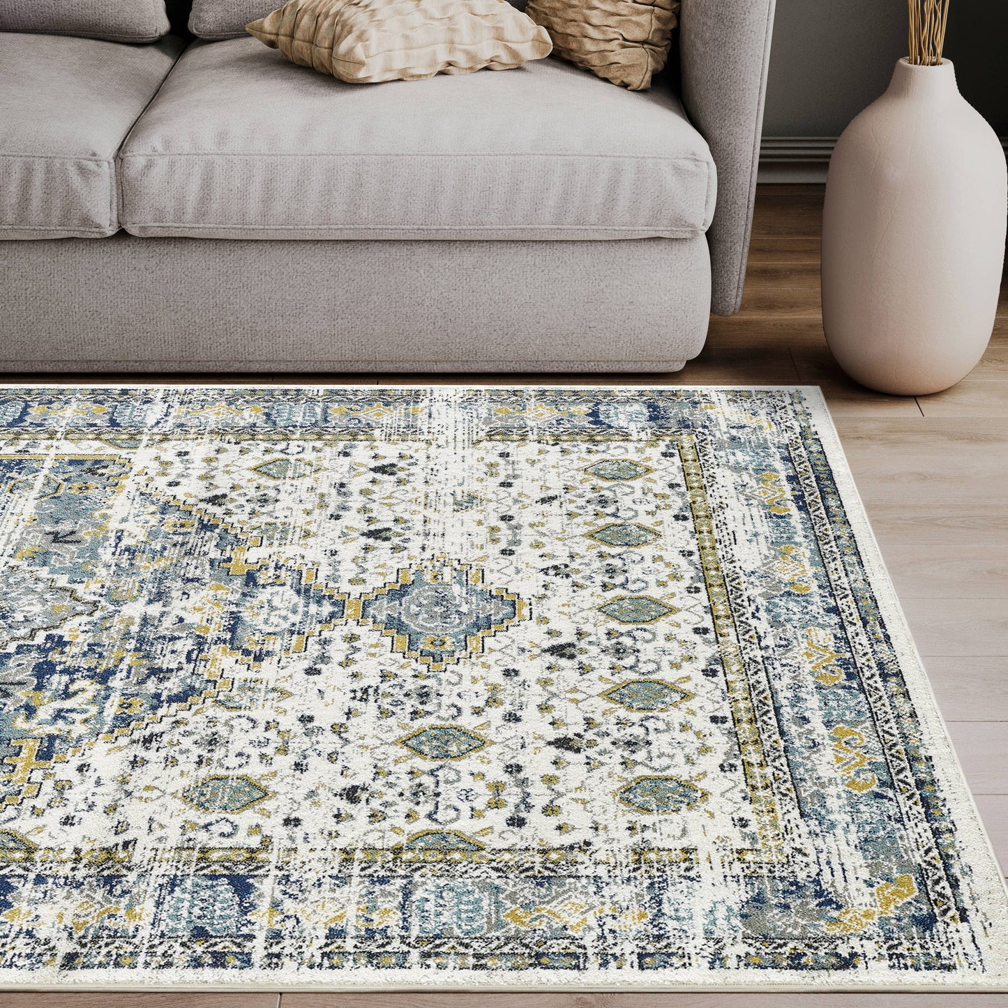 Abani Porto Traditional Medallion Blue and Ivory Area Rug: 7'9" x 10'2"
