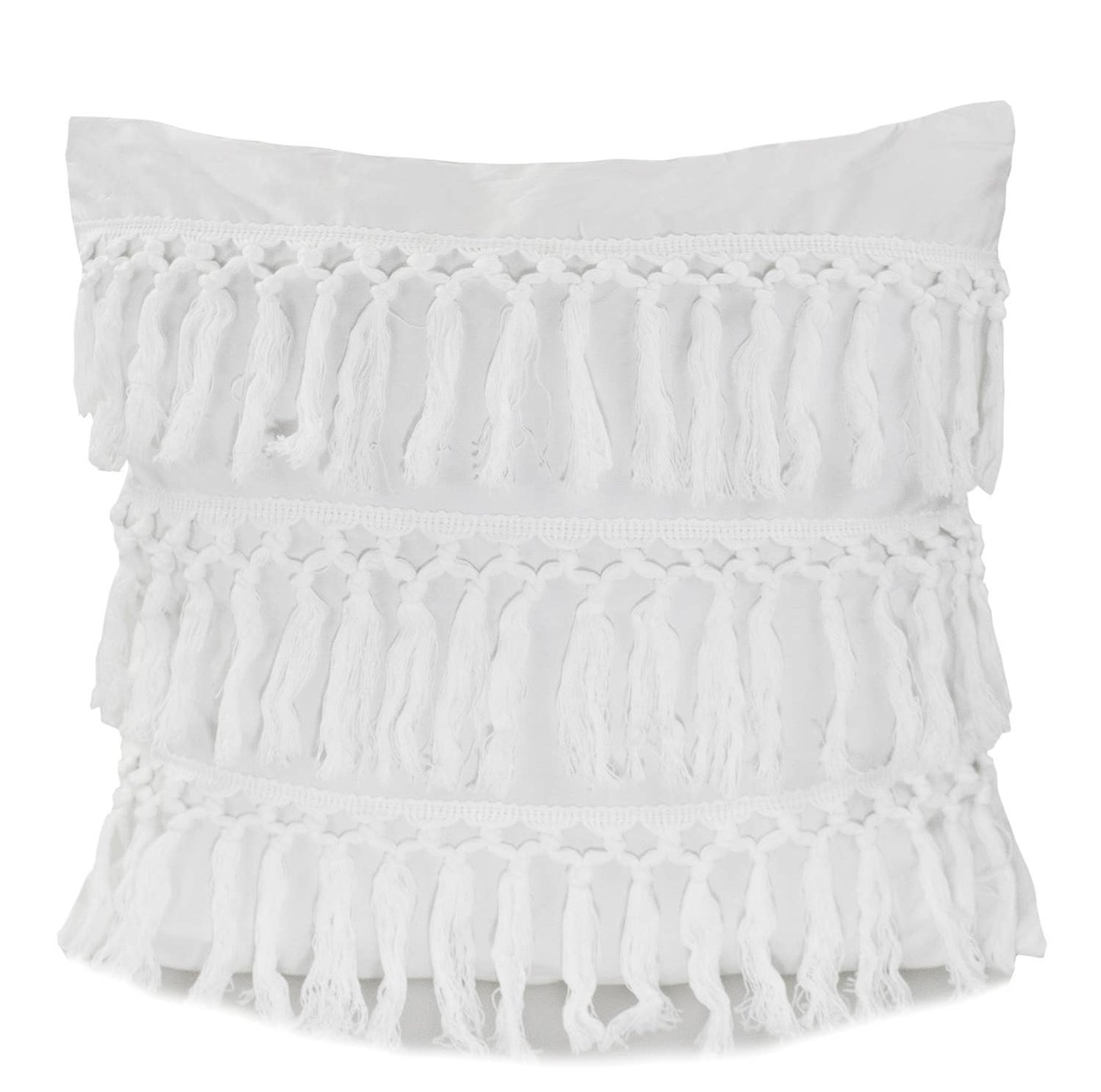 White Fringed Cotton 18x18 Decorative Throw Pillow : Cover + Inserts