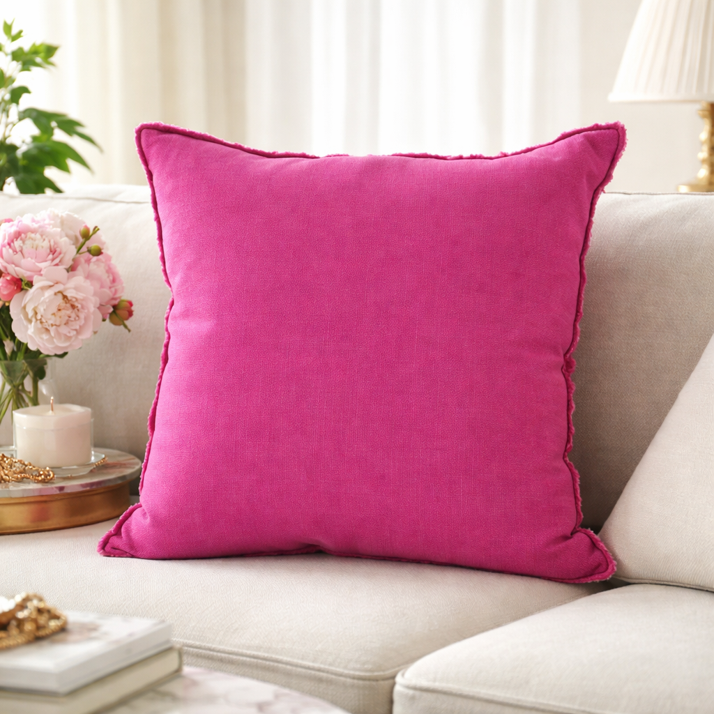 Fuchsia Fringed Design Down-Filled Linen 20" Throw Pillow