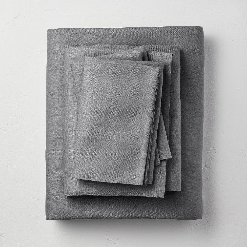 Full 100% Washed Linen Solid Sheet Set Dark Gray - Casaluna
