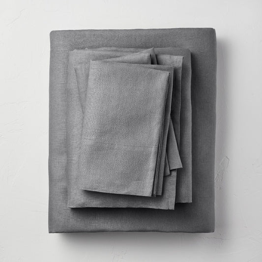 Full 100% Washed Linen Solid Sheet Set Dark Gray - Casaluna