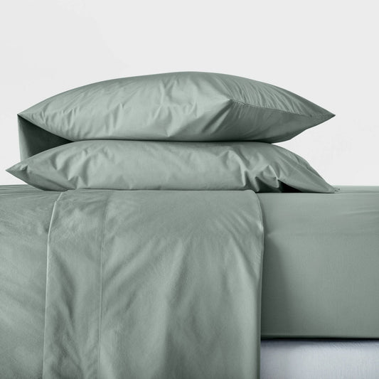 Full Washed Supima Percale Solid Sheet Set Sage Green - Casaluna