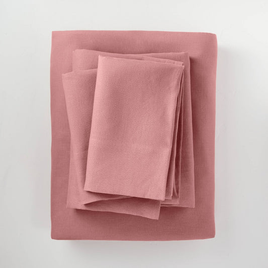 Full 100% Washed Linen Solid Sheet Set Rose - Casaluna
